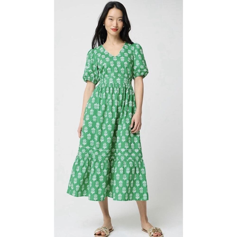 NWT J.Crew Factory Size 2 Block-print Puff-sleeve Midi Dress Green #61